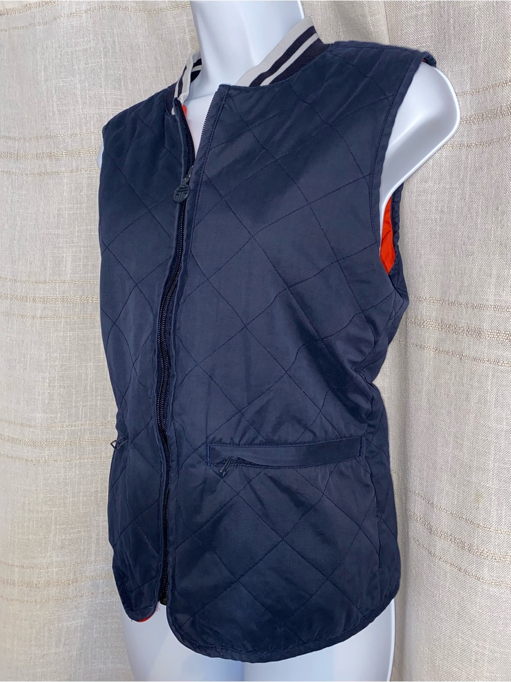 Tory Sport Navy Diamond Quilted Vest Bright Poppy Red Lining S